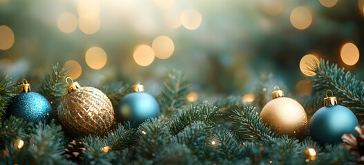 Christmas tree with golden baubles, fir cones and lights bokeh background. Space for text. Copy space. Greeting card.