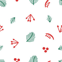 Hand drawn seamless pattern with christmas tree branches and berries.