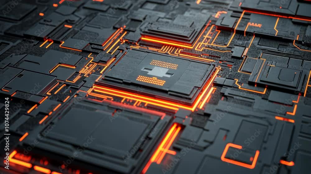 Poster a close-up of a circuit board with orange lights illuminating the pathways