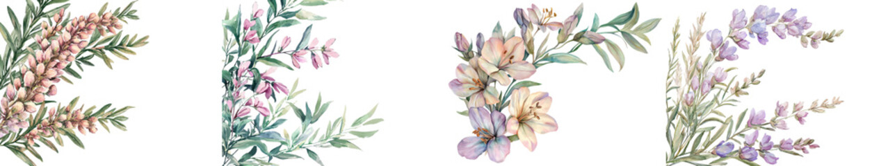 Fototapeta premium Watercolor Floral Corner Frame with Vibrant Rue Flowers Petals and Lush Greenery Elegant Botanical Design for Wedding Greeting Cards Wallpaper or Home Decor