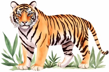 Obraz premium Majestic Tiger Standing Proudly Amidst Lush Greenery in a Beautiful Watercolor Style, Showcasing Its Striking Orange Fur and Distinctive Black Stripes