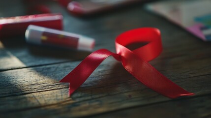 Close up view of a red ribbon the universal symbol of awareness and support for people living with HIVAIDS surrounded by various medical testing supplies and equipment