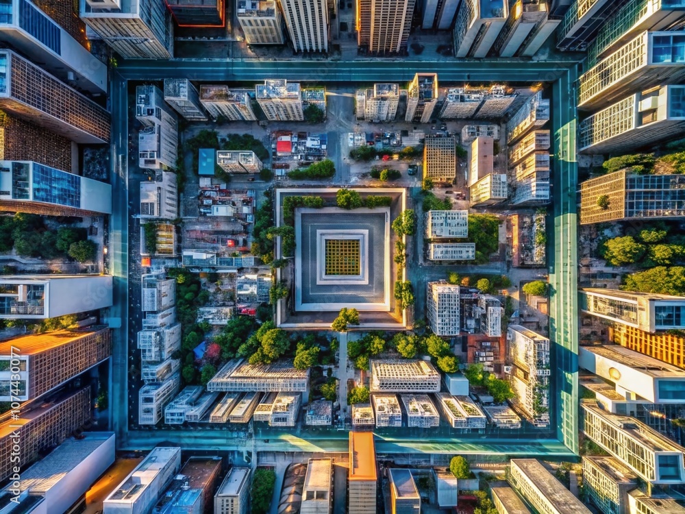 Poster aerial view of a modern cityscape with rectangular frame graphic element highlighting urban architec