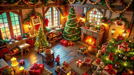 Fototapeta premium Aerial View of a Magical Santa Claus Workshop Interior Decorated for Christmas with Colorful Lights, Gifts, and Holiday Cheer, Perfect for Seasonal Celebrations and Festive Imagery