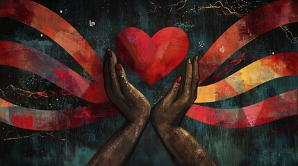 Compassionate heart shaped design with red ribbon and supportive message conveying empathy kindness and solidarity for healthcare patients and community