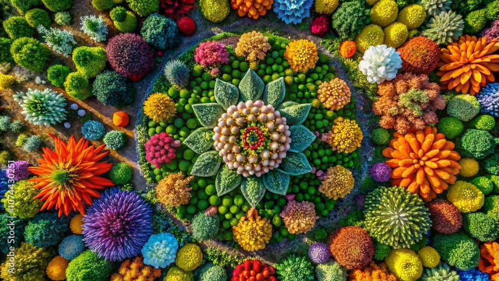 Poster aerial view of an abstract flower design showcasing vibrant colors and intricate patterns in nature'