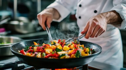 A close-up view of fresh vegetables being expertly stir-fried by a chef.