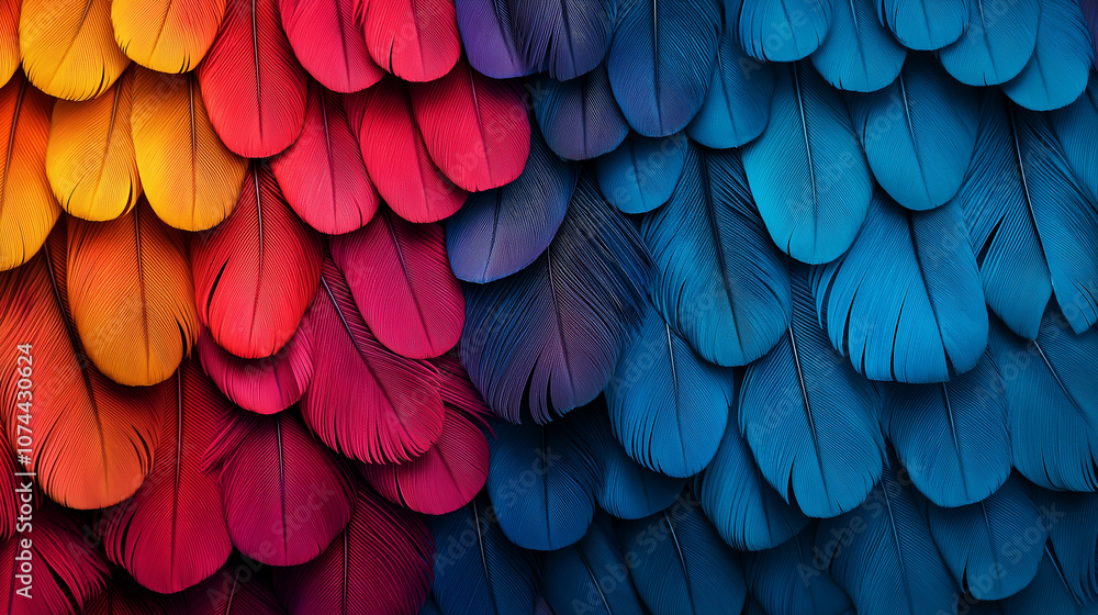 Poster vibrant close up of colorful feathers showcasing stunning gradient from red to blue, creating visual