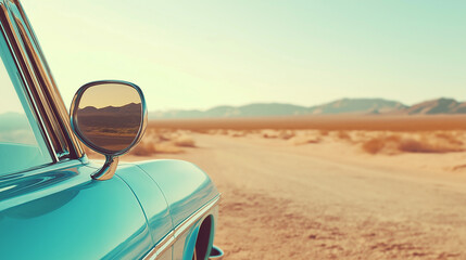 Desert Road View from Side of Vintage Blue Car &ndash; Minimal Retro Driving Scene in the Heat