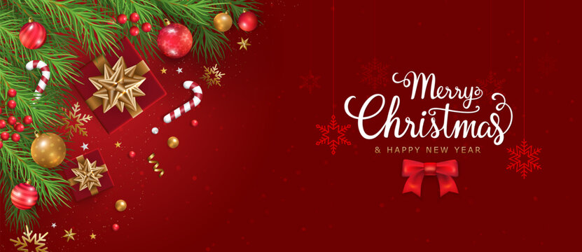 Merry Christmas and happy new year background. Christmas letters, Gift boxes, Christmas balls. Christmas element for web, banners, greeting card, template design. Vector EPS10.