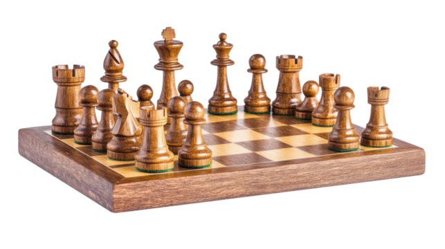 Wooden chess pieces on a chessboard in a strategic game setup