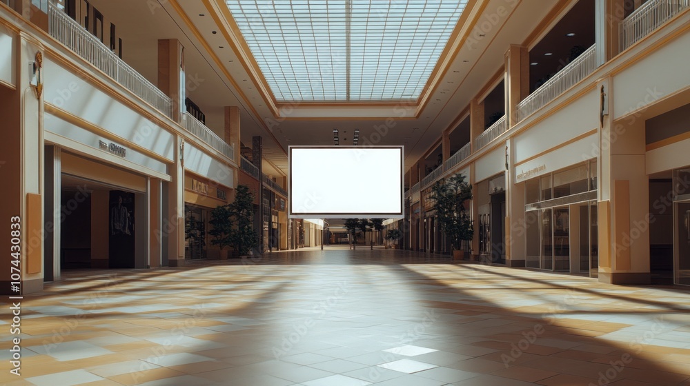 Poster a large empty mall with a white sign hanging from the ceiling
