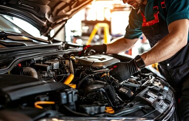 Fototapeta premium Auto mechanic working in auto repair shop, Car service and maintenance concept