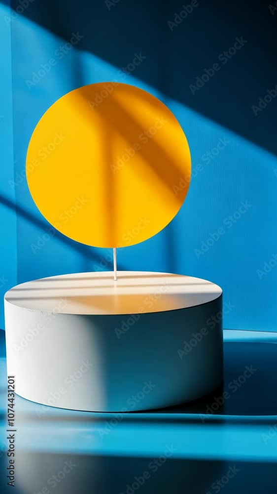 Poster a white cylinder sits on a blue surface with a yellow circle suspended above it, creating a simple a