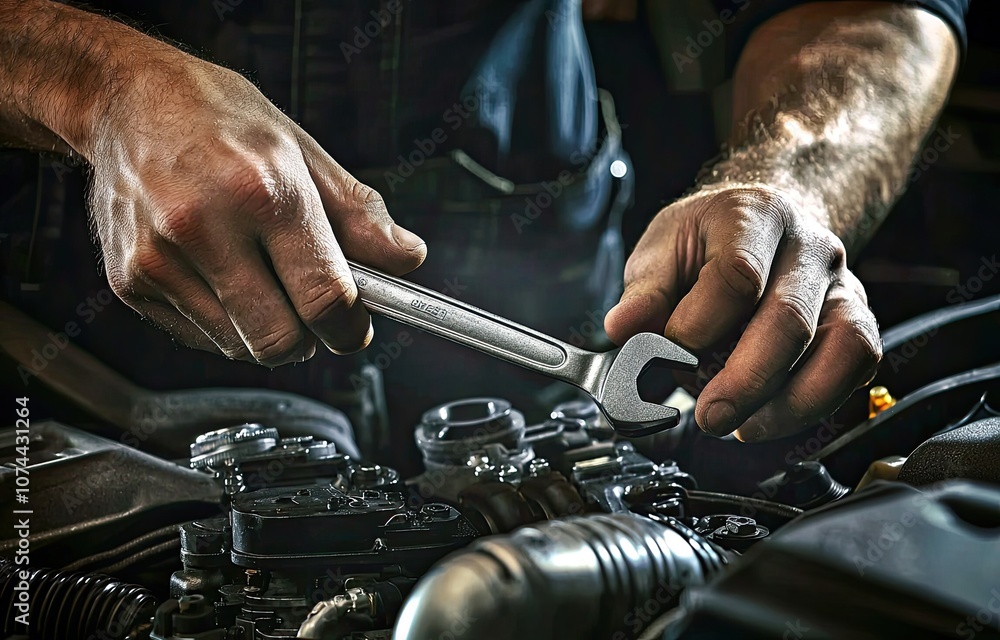 Wall mural Auto mechanic working in auto repair shop, Car service and maintenance concept