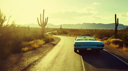 Rear View of Vintage Blue Car Driving Through Sunny Desert Road Surrounded by Cacti – Classic Route Adventure