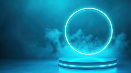 Neon circular light illuminates a foggy platform in a darkened outdoor setting