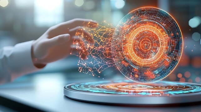 Description: A cutting edge circular HUD (Heads Up Display) element in a virtual reality environment, displaying intricate patterns and visuals representing vast amounts of big data