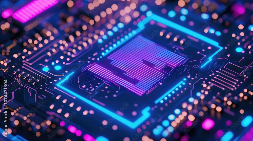 Poster close-up of a colorful microchip on a circuit board with vibrant lights.