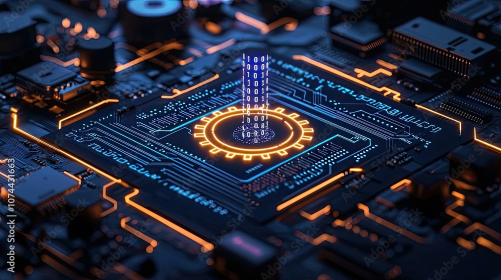 Aufkleber close-up of a modern circuit board with glowing elements and data transmission effect.