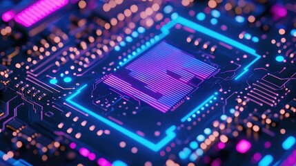 Obraz premium Close-up of a colorful microchip on a circuit board with vibrant lights.
