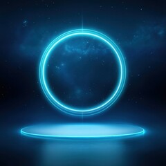 Bright blue circular light glowing in a dark cosmic background at night
