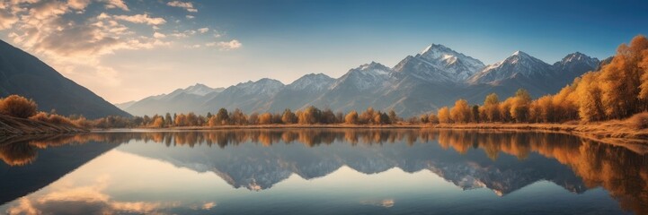 Fototapeta premium Reflecting lake Colorful morning view with mountains and blue sky