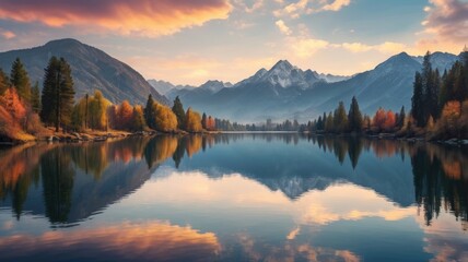 Reflecting lake Colorful morning view with mountains and blue sky