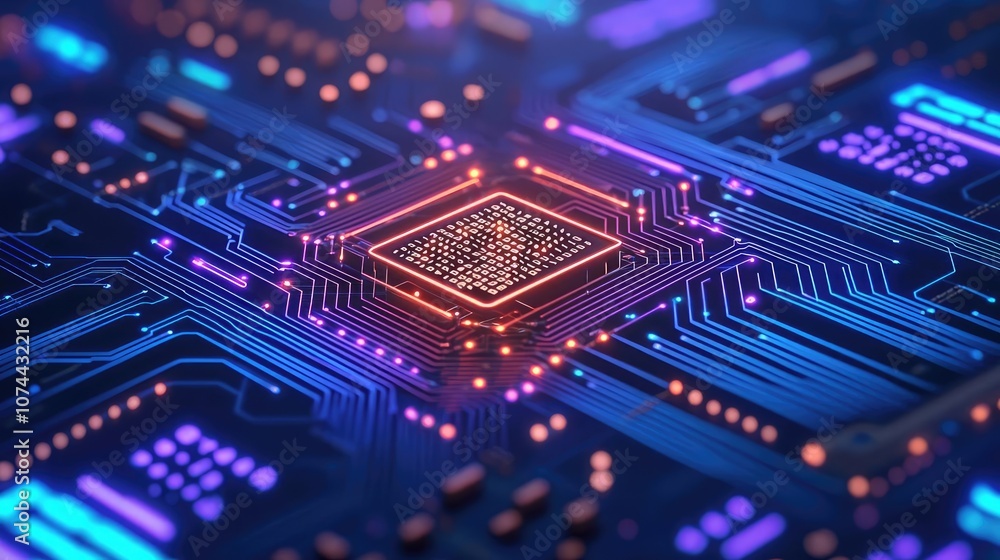 Poster close-up of a colorful circuit board with glowing elements and intricate details.