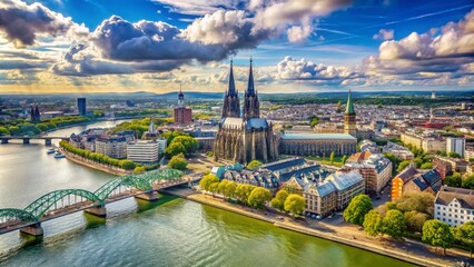 Fototapeta premium Aerial View of Cologne with the Majestic Cathedral: Capturing the Beauty of the Cityscape and the Iconic Skyline in a Stunning Composition Using the Rule of Thirds