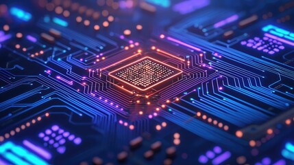 Obraz premium Close-up of a colorful circuit board with glowing elements and intricate details.