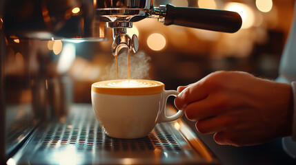 Barista carefully preparing latte with steam rising from cup, showcasing art of coffee making in cozy cafe atmosphere