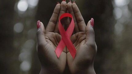 Hands gently holding a red ribbon a powerful symbol of hope support and awareness for World AIDS Day  This image represents the global fight against HIVAIDS promoting compassion education