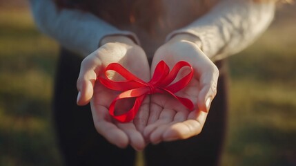 Hands holding a red ribbon a symbolic gesture representing solidarity support and awareness for global health causes such as HIVAIDS  The image conveys a message of unity compassion