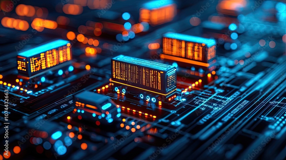 Poster close-up of a circuit board with glowing components and intricate details.