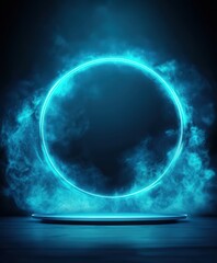 Fototapeta premium Modern blue glowing portal surrounded by mist in a dark environment