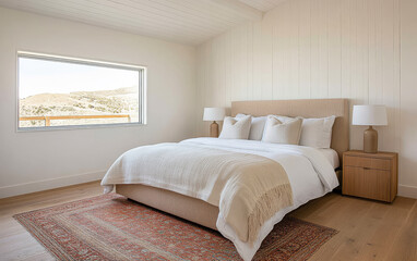 Cozy and modern bedroom with scenic views in a serene setting during daylight hours