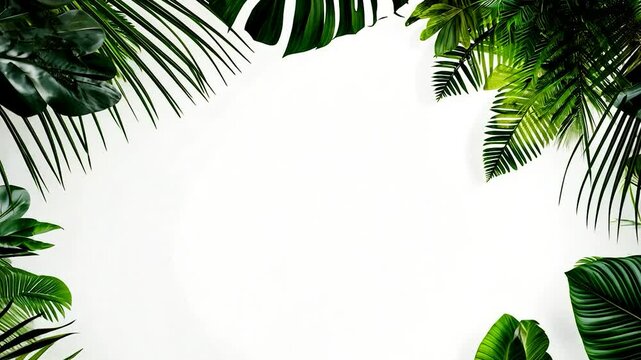 2D animation of realistic tropical leaves frame, leaves moving in wind appear on corners. Seamless loop animation. Custom text space. perfect for summer, ads, promotions. 4k