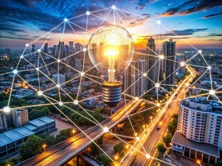 Aerial View of Light Bulb Concept with Dotted Lines Representing Innovative Ideas and Connections in a Modern Business Environment