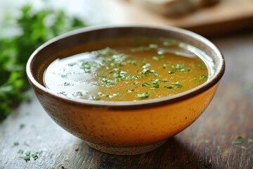 Clear chicken broth in a bowl. A simple, yet delicious, soup perfect for a healthy meal or a light snack.