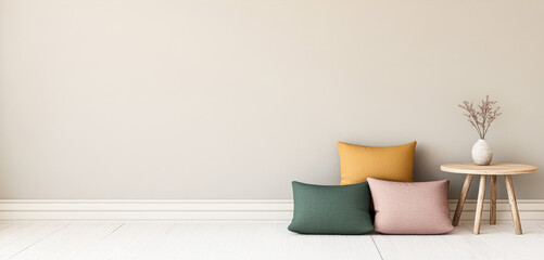 Cozy living room corner with decorative pillows and a wooden table for a minimalist aesthetic