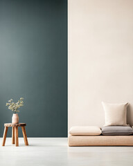 Modern interior design with a minimalist seating area and decorative plant in a serene environment