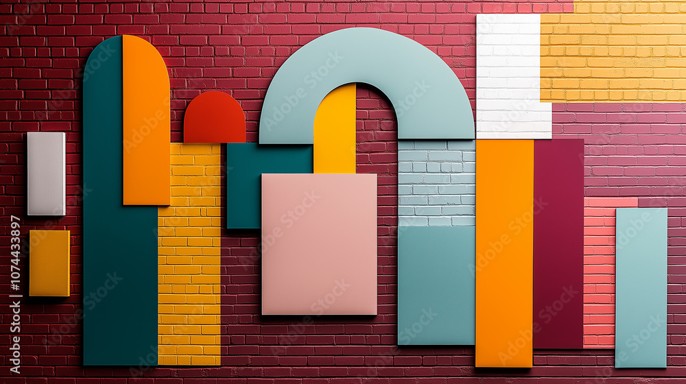 Poster Layered geometric shapes in soft pastels create vibrant wall art display. arrangement features various colors and forms, adding modern touch to any space