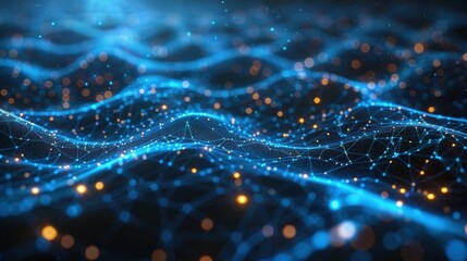 Abstract digital background depicting glowing blue waves of interconnected nodes and bright particles evoking concepts of technology, data, and network visualization