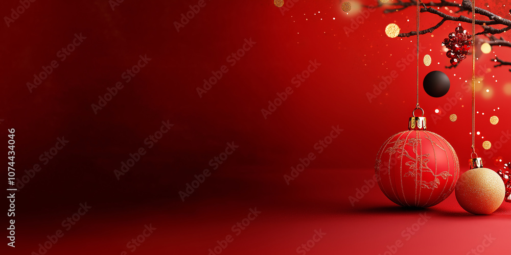 Poster Festive red background with Christmas ornaments and gold particles creating joyful atmosphere. Perfect for holiday themes