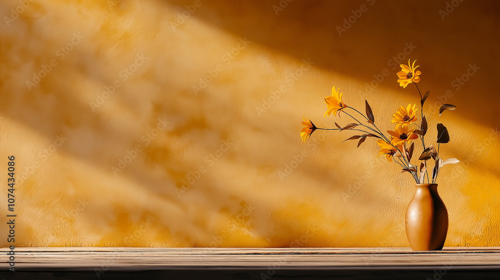 Poster sunlit display of yellow flowers in brown vase against warm wall. soft shadows create serene atmosph