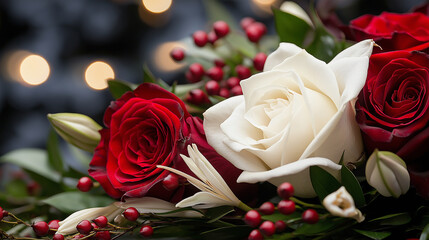 beautiful arrangement of red and white roses with greenery and berries, perfect for any occasion. vibrant colors and delicate details create stunning visual display