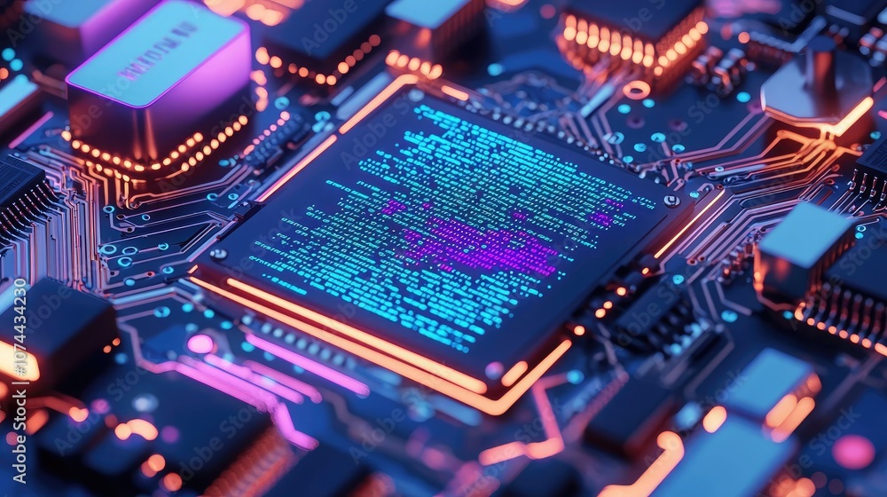 Poster close-up of a vibrant microchip with colorful circuitry on a dark background.