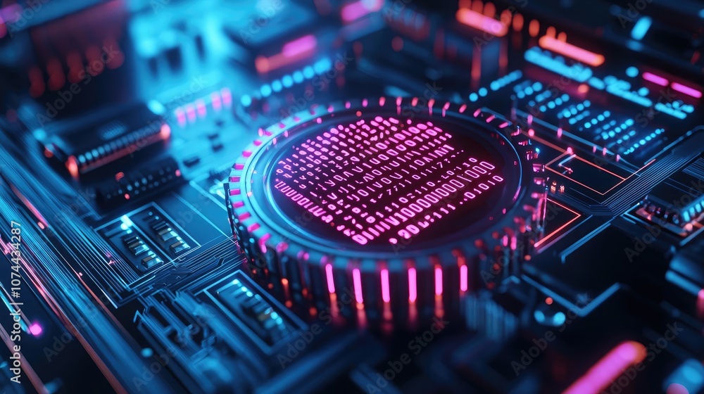 Poster abstract digital circuit board with glowing components on colorful background.