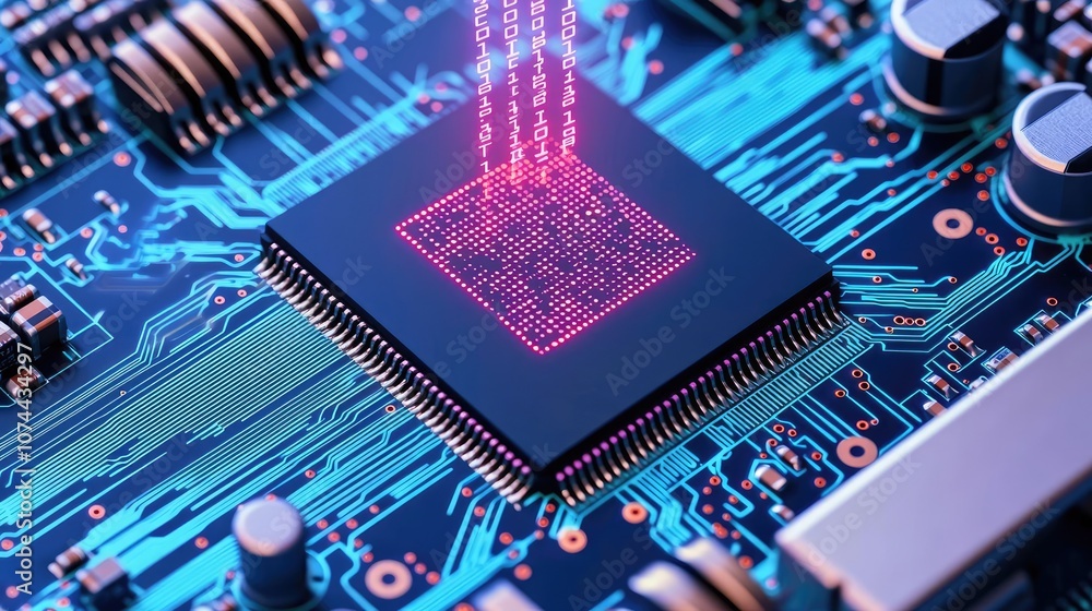 Poster microchip with digital patterns on circuit board, vibrant blue background.